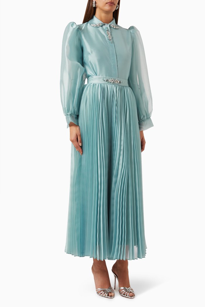 Leaves Pleated Top and Pants Set, Green