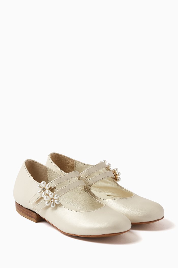 

Floral Pearl Ballerina Shoes in Leather, White