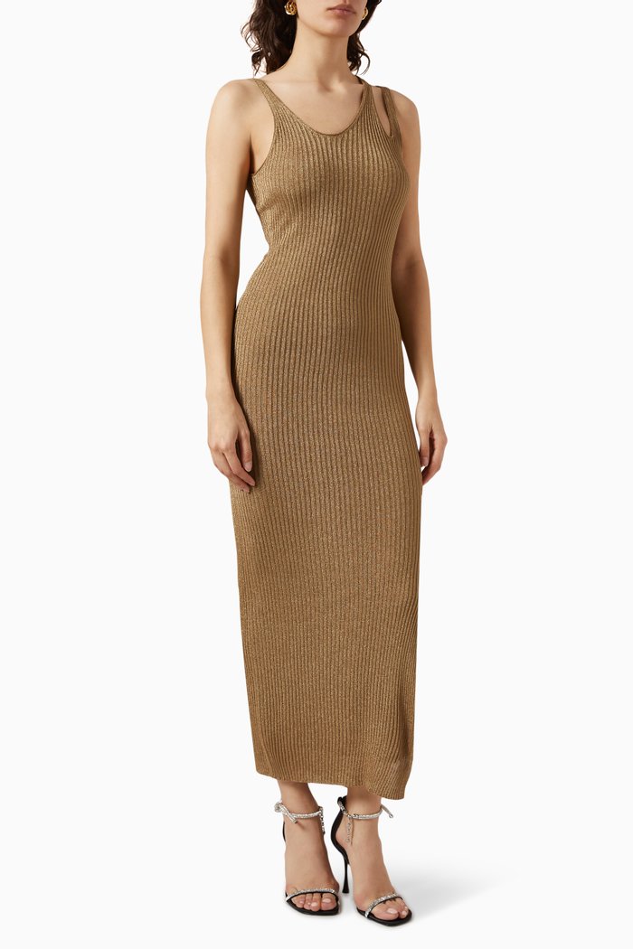 

Ivette Metallic Midi Dress in Ribbed Knit, Brown