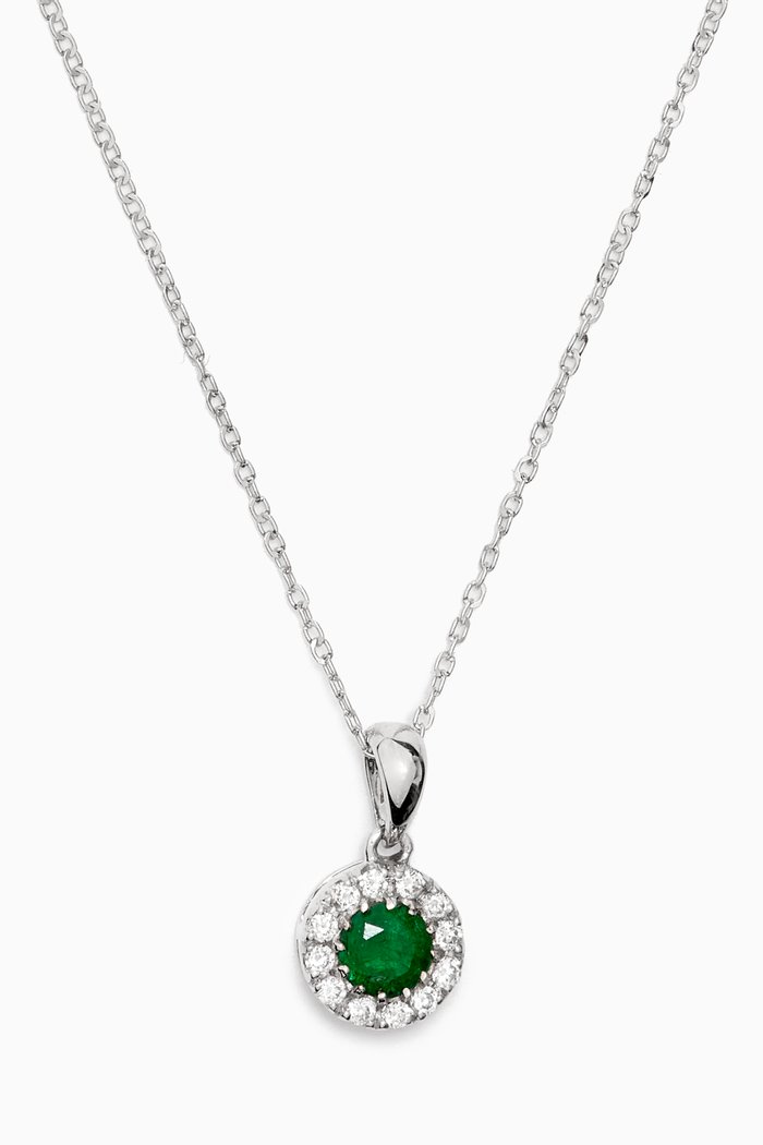 

Classic Round Diamond Necklace with Emerald in 18kt White Gold
