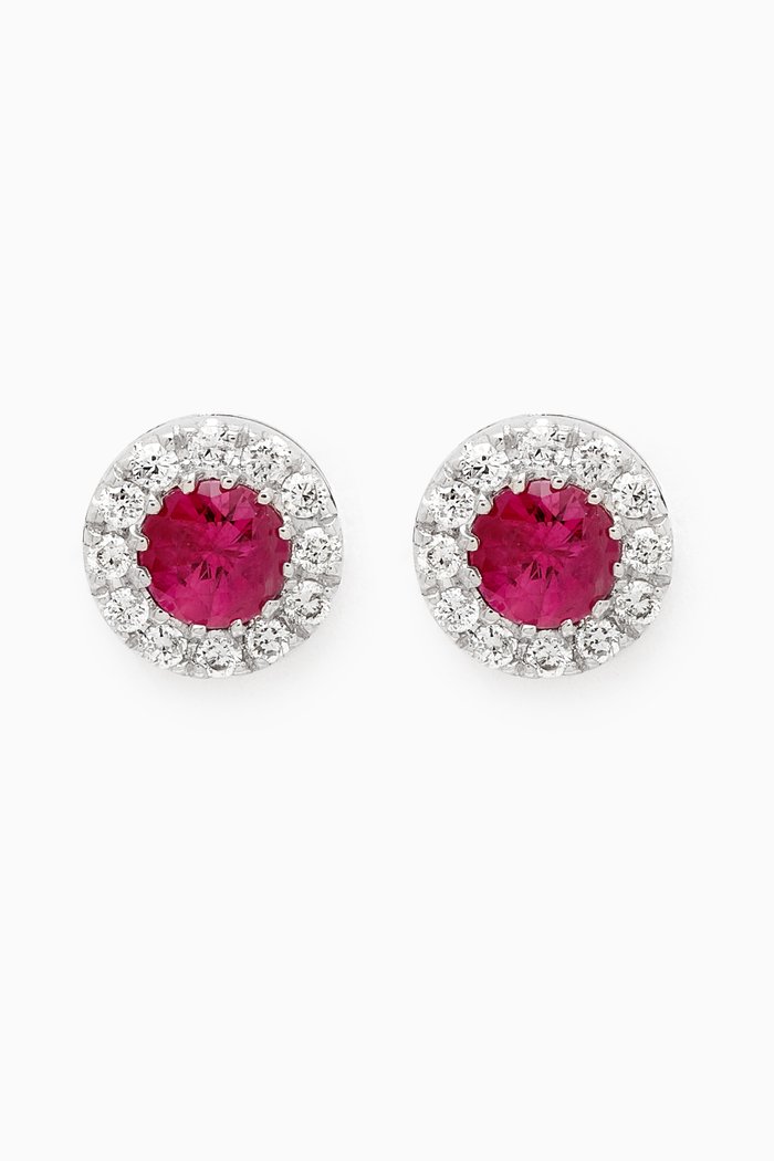 Classic Round Diamond Earrings with Ruby in 18kt White Gold