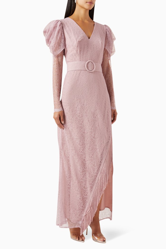 

Fringe-trimmed Maxi Dress in Lace, Pink