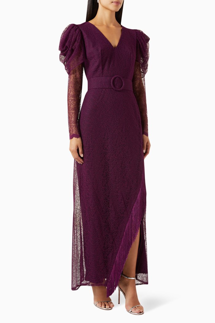 

Fringe-trimmed Maxi Dress in Lace, Purple