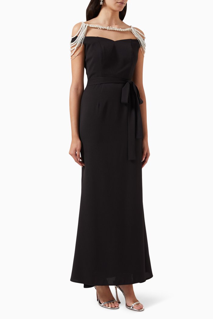 

Embellished Shoulder Dress in Crepe, Black