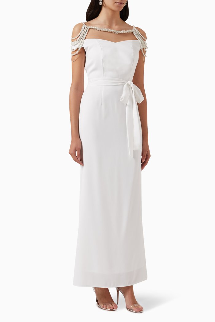 

Embellished Shoulder Dress in Crepe, Neutral