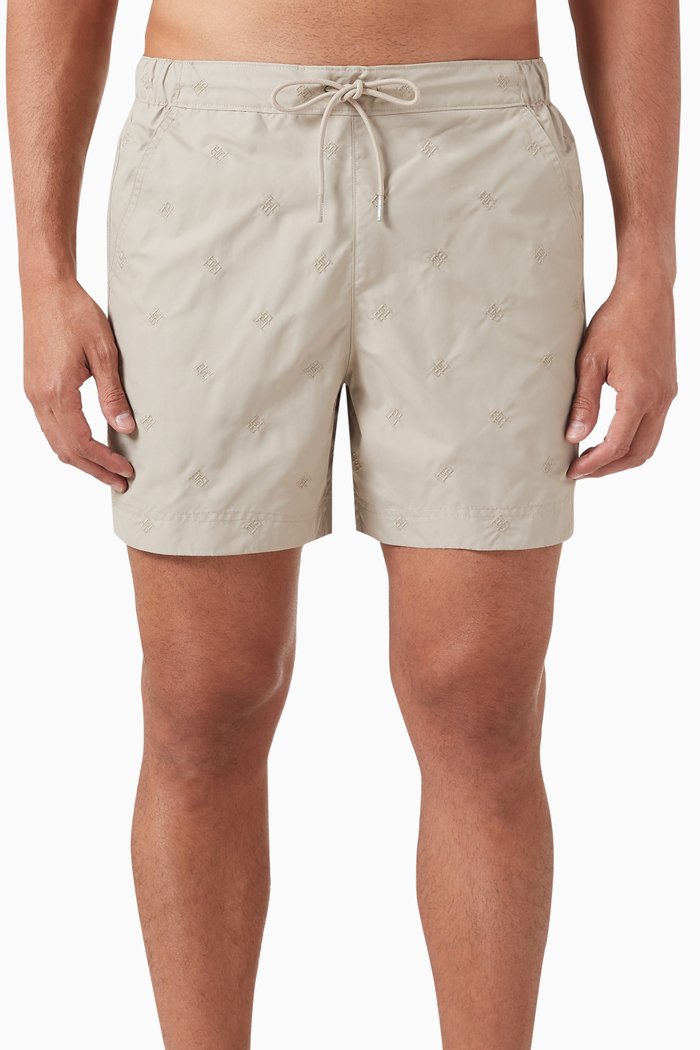 

All-over Monogram Embroidered Mid-length Swim Shorts, Neutral