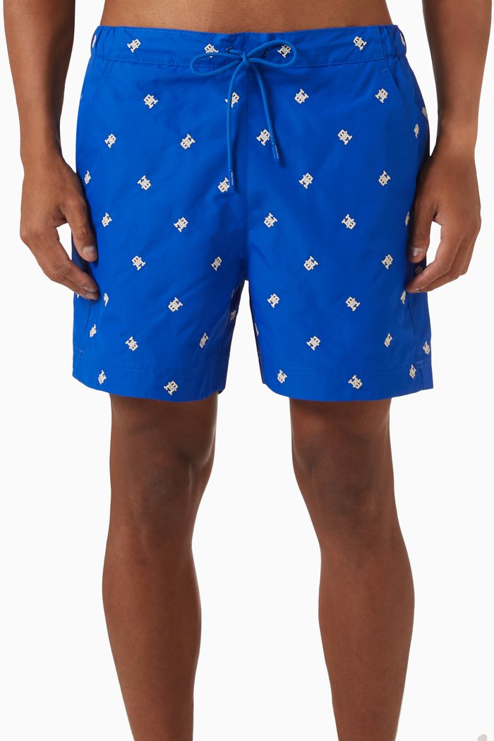 

All-over Monogram Embroidered Mid-length Swim Shorts, Blue