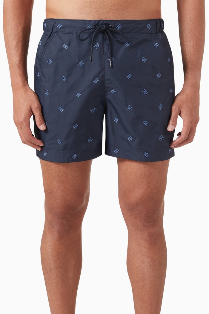 

All-over Monogram Embroidered Mid-length Swim Shorts, Blue