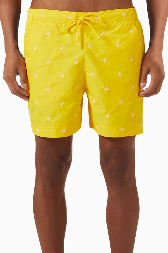 

All-over Monogram Embroidered Mid-length Swim Shorts, Yellow