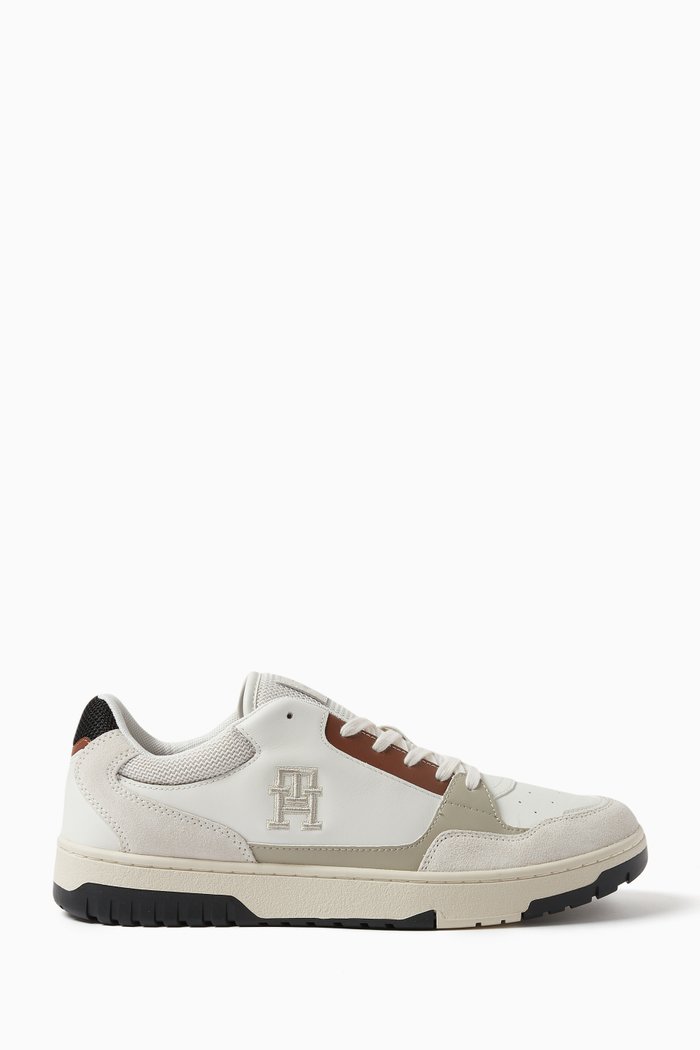 Monogram Basketball Trainers in Mixed Materials, White