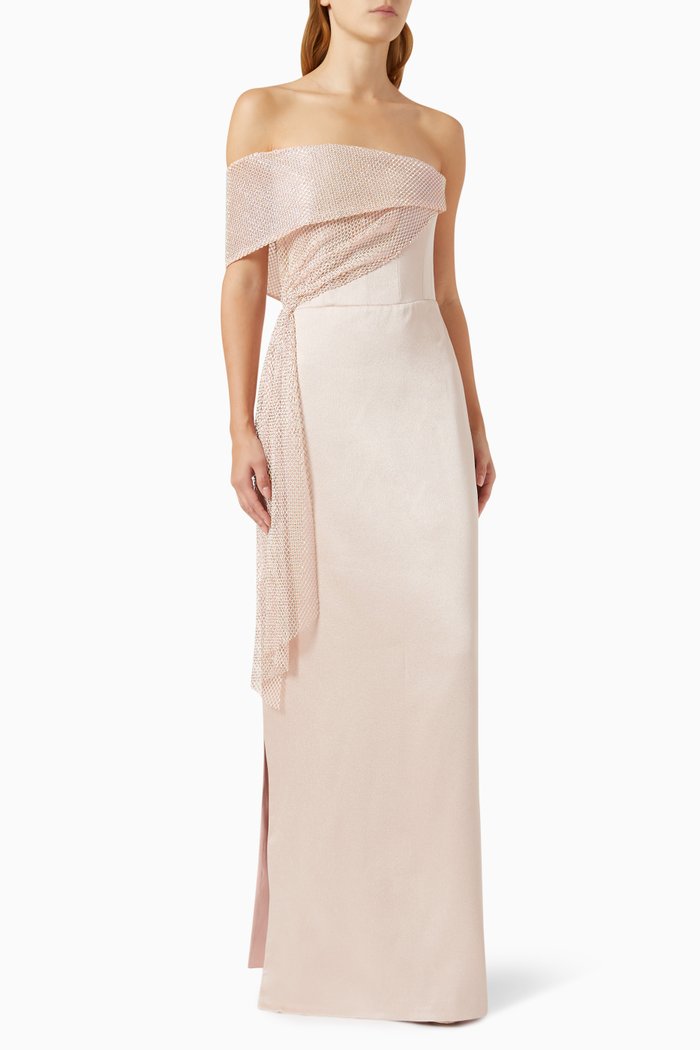 

Off-shoulder Gown in Mesh & Crepe, Pink