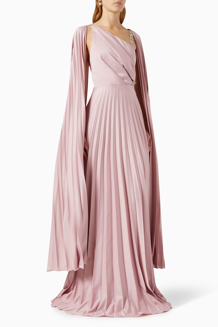 

Pleated Cape-sleeve Gown, Pink