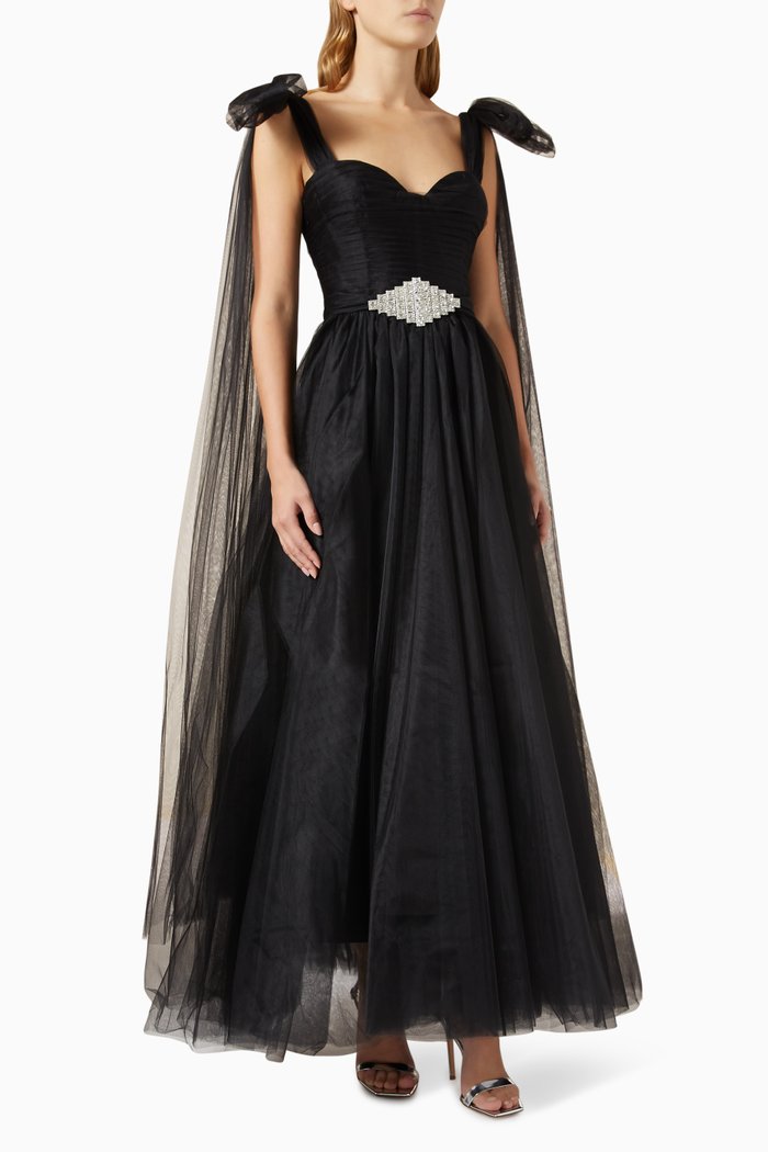 

Layered Shoulder-tie Gown in Tulle, Black