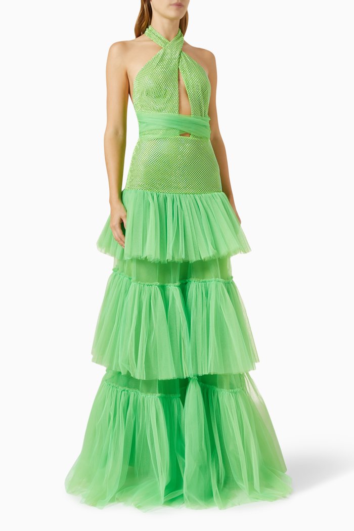 

Tiered Halterneck Gown in Mesh & Tulle, Green