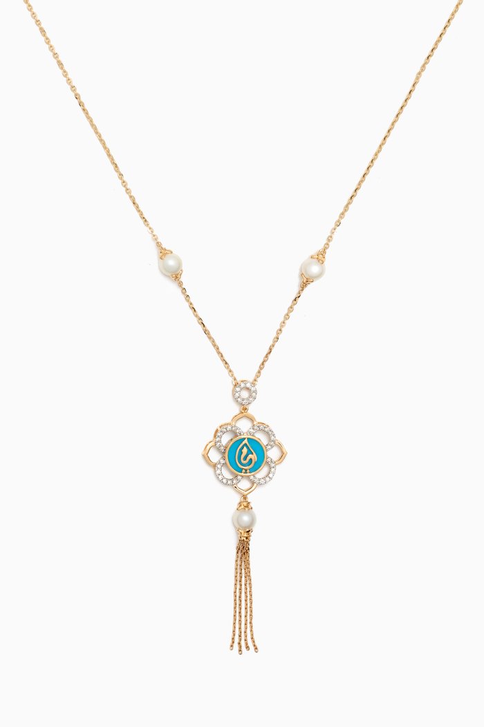

Ummi Dangle Necklace with Diamonds, Pearls & Turquoise in 18kt Yellow Gold