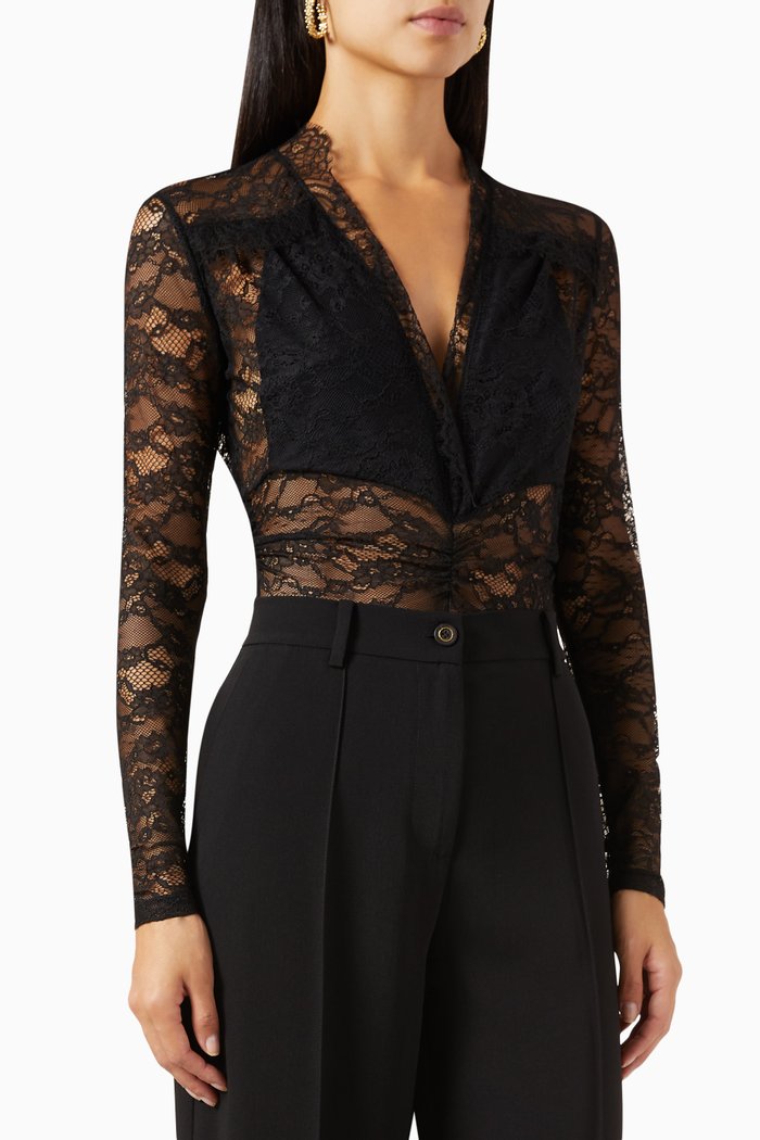 Sposarsi Bodysuit in Embroidered Lace, Black