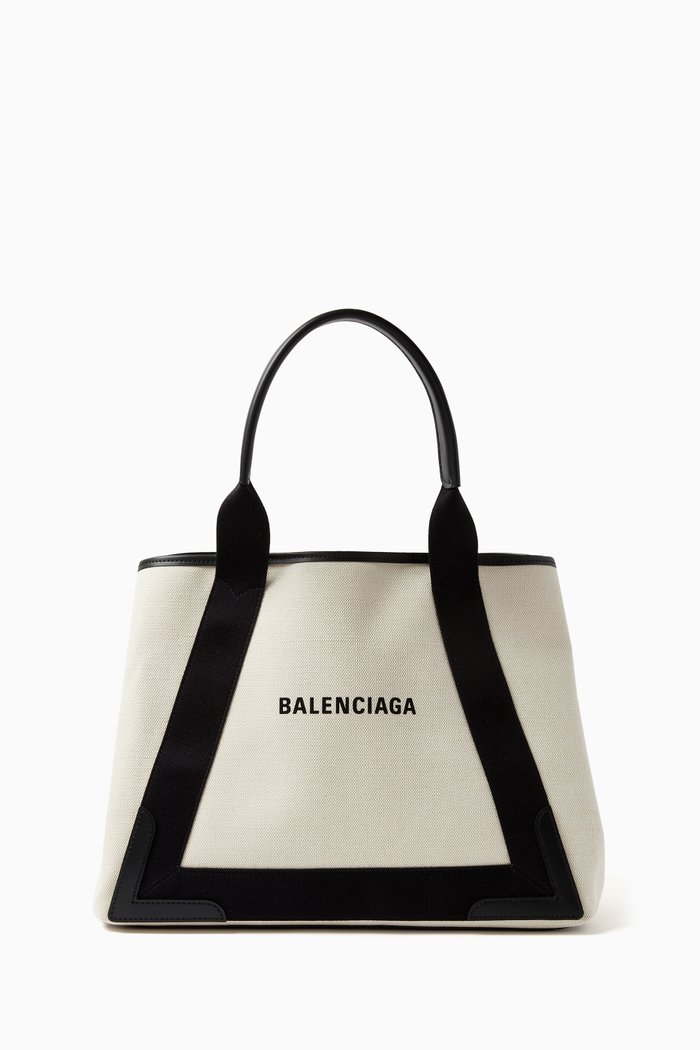 

Navy Medium Cabas Bag in Cotton Canvas & Calfskin, Black