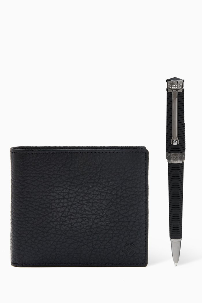 

Leather Wallet 3+3 CC & NeroUno Ballpoint Pen Set, Black