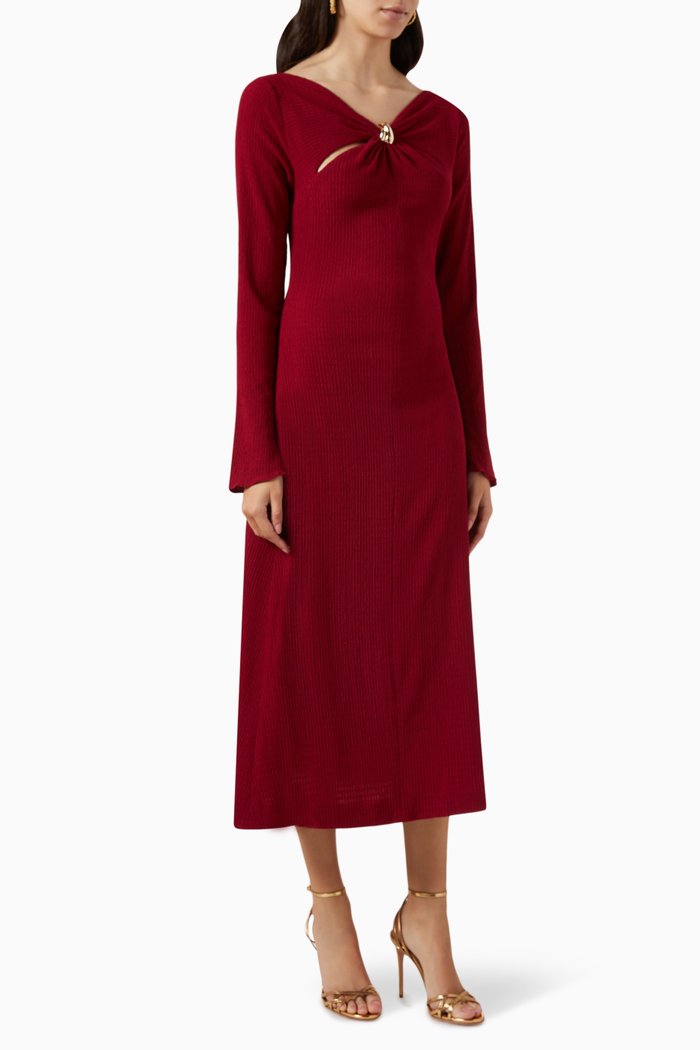 

V-neck Midi Dress in Crinkled-poplin, Red