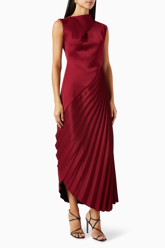 

Sesan Pleated Midi Dress in 3D Spandex, Red