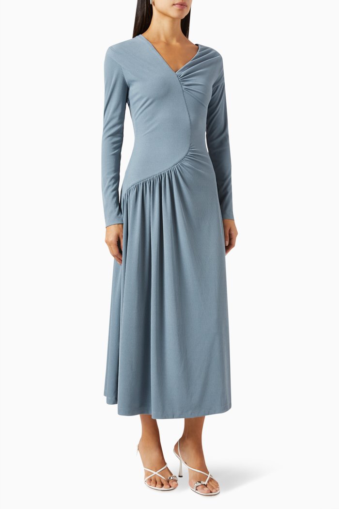 Solar Ruched Midi Dress in Wool-jersey, Blue