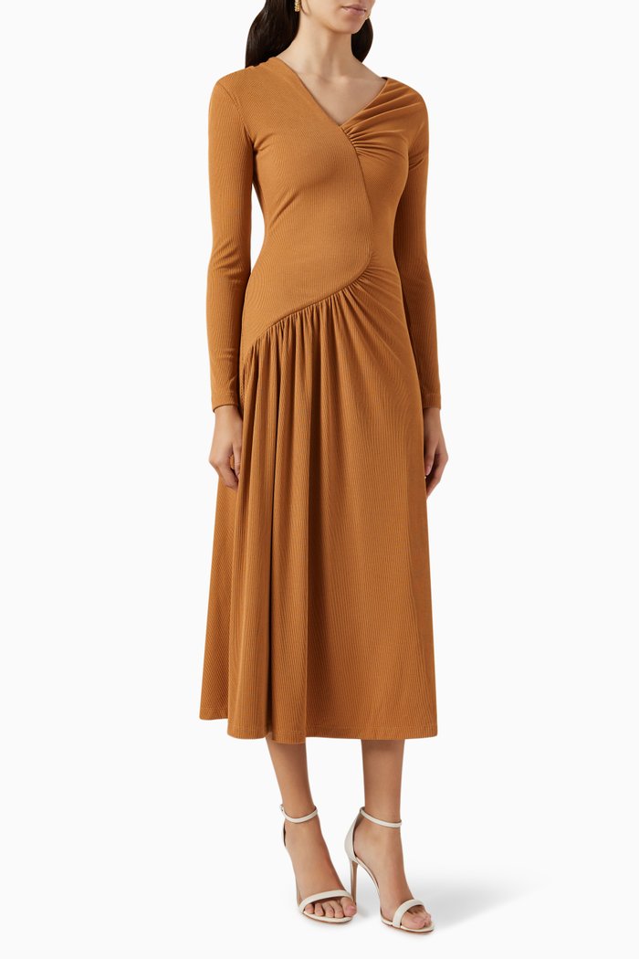

Solar Ruched Midi Dress in Wool-jersey, Brown