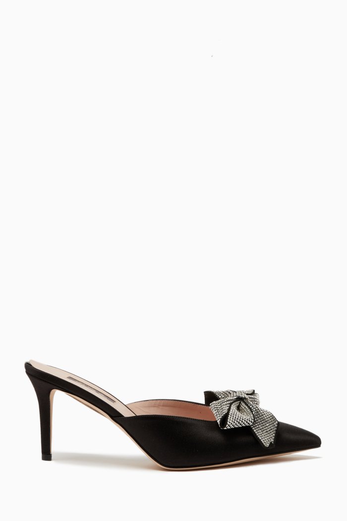 

Paley 70 Crystal Bow Stiletto Mules in Satin, Black