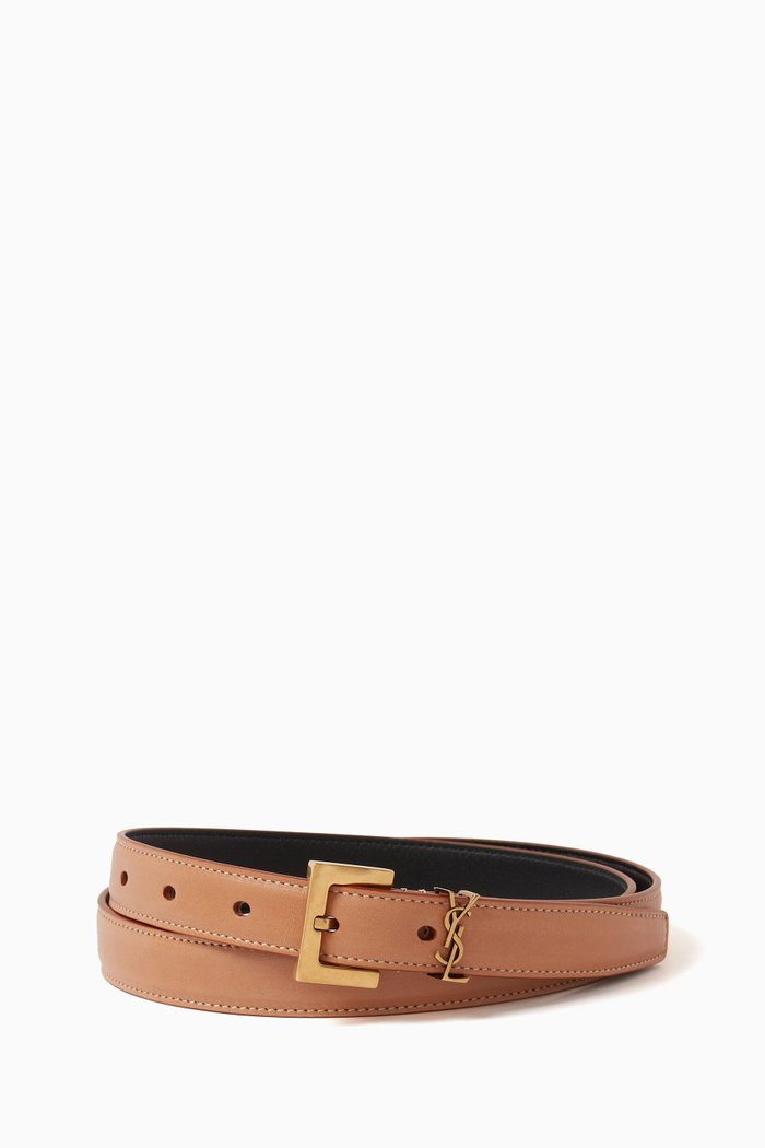 

Cassandre Square Buckle Thin Belt in Leather, Brown