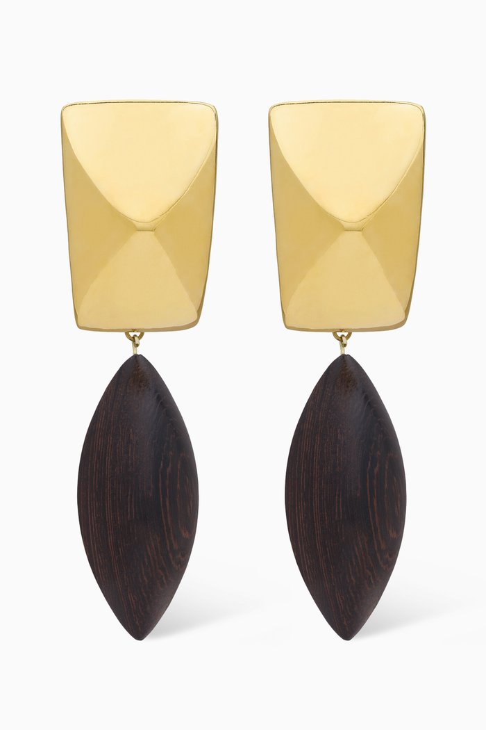 

Pyramid Clip-on Earrings in Wood & Metal, Gold