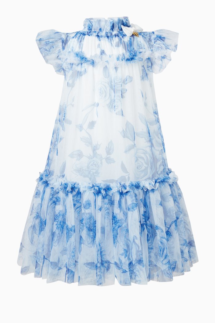 

Marigold Floral-print Ruffle Dress in Polyester, Blue