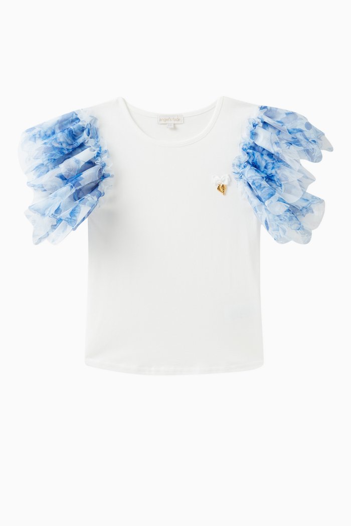

Loretta Bow-applique Ruffle T-shirt in Cotton-blend, Blue