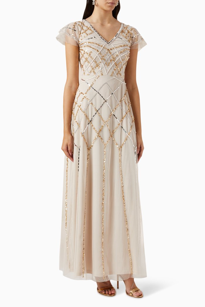 

Frill Sequin Embellished Maxi Dress in Tulle, Grey