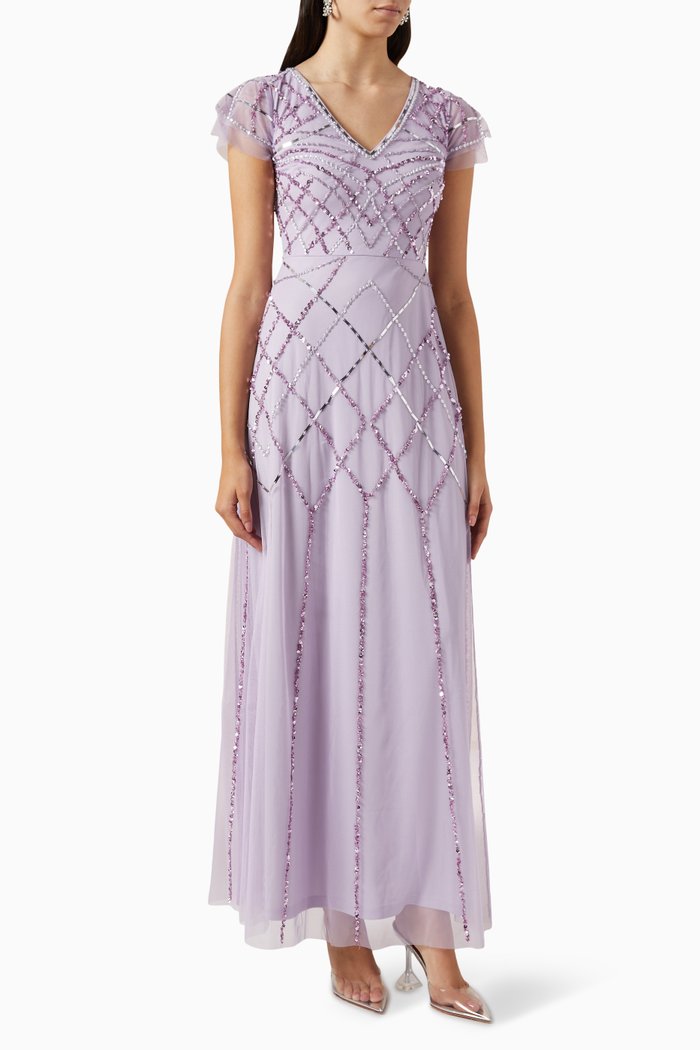 

Frill Sequin Embellished Maxi Dress in Tulle, Purple