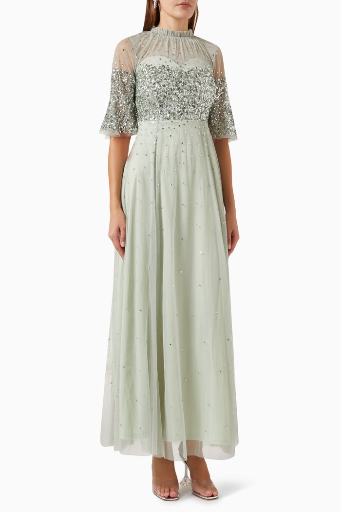 

Embellished Glitter Bodice Maxi Dress in Tulle, Green