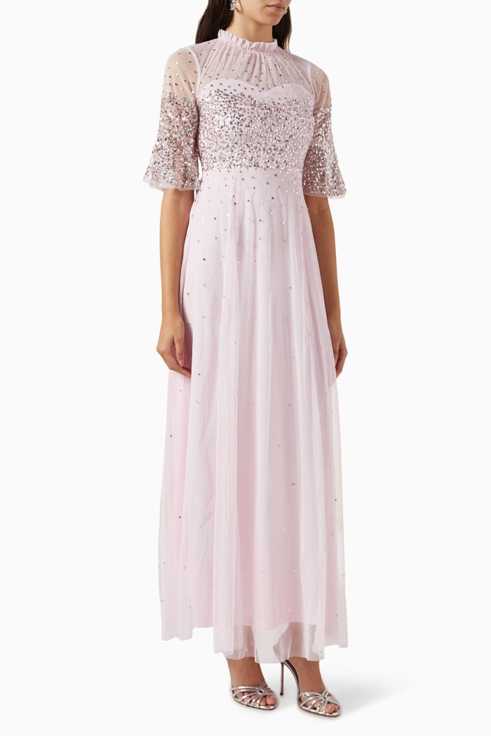 

Embellished Glitter Bodice Maxi Dress in Tulle, Pink