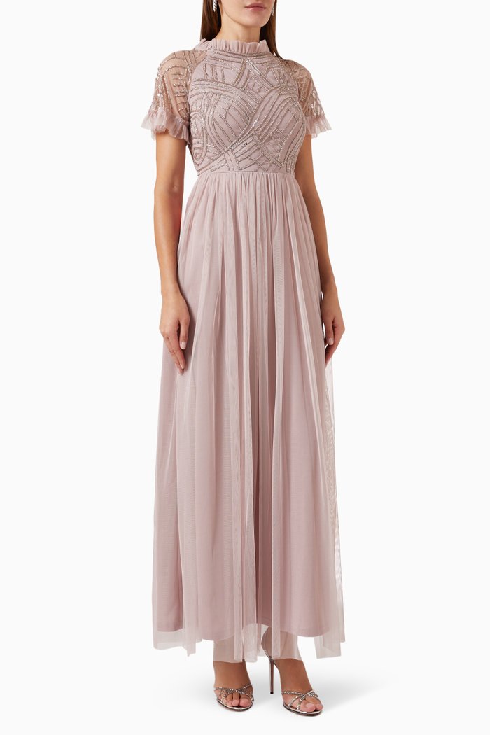 

Geometric Bodice Maxi Dress in Tulle, Pink