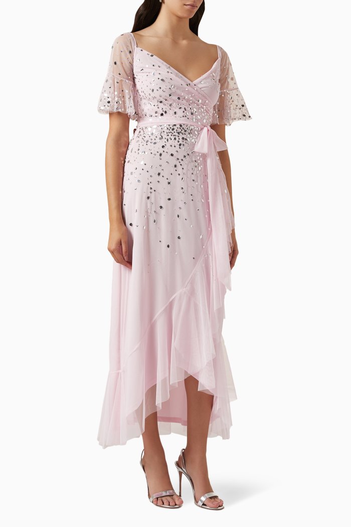

Embellished Tie-up Midi Dress in Chiffon, Pink