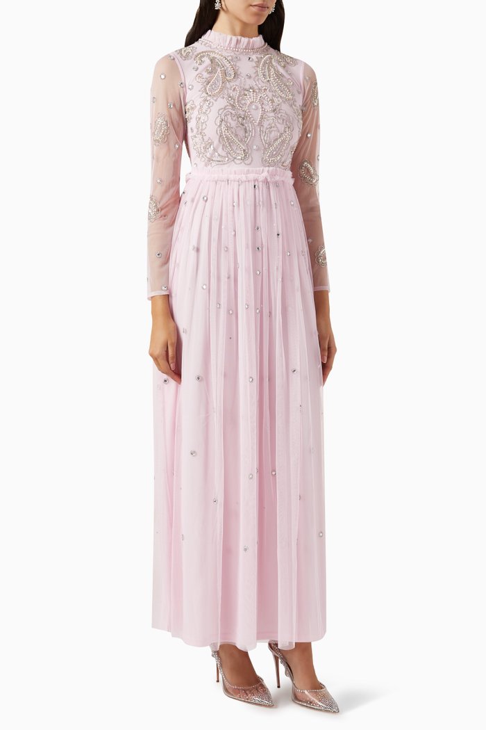 

Paisley Sequin Embellished Maxi Dress in Tulle, Pink