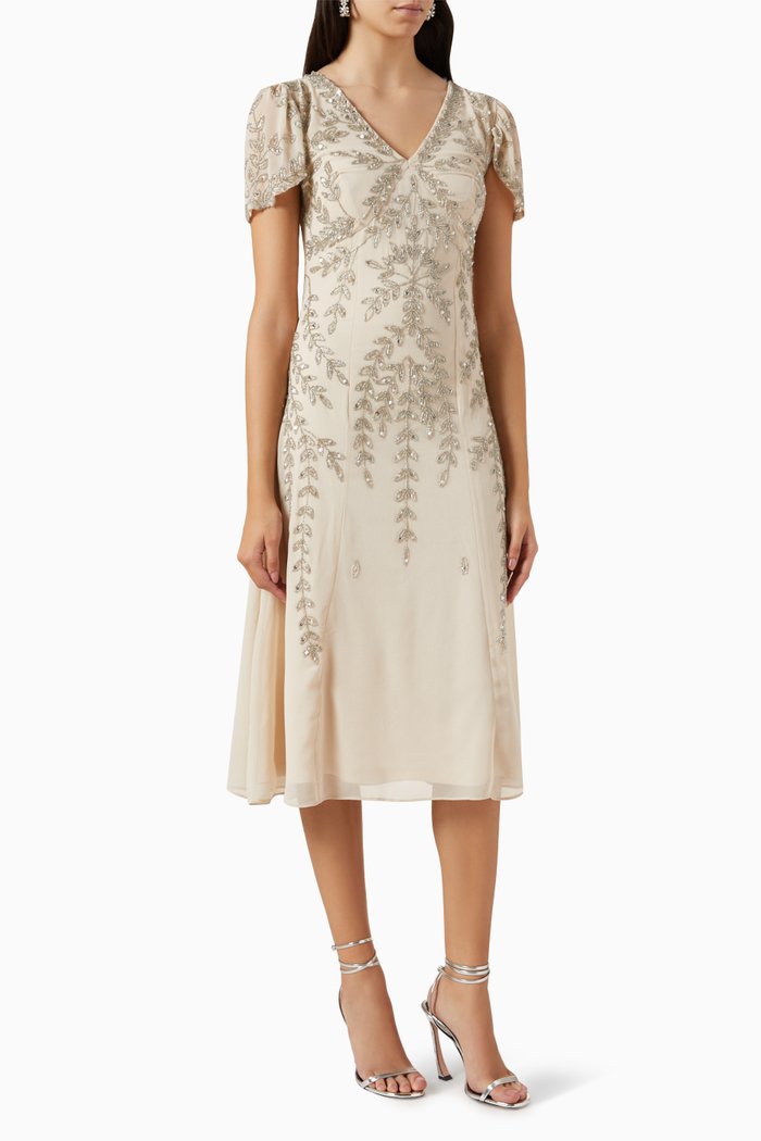 

Cap Sleeve Sequin Embellished Midi Dress in Tulle, Neutral