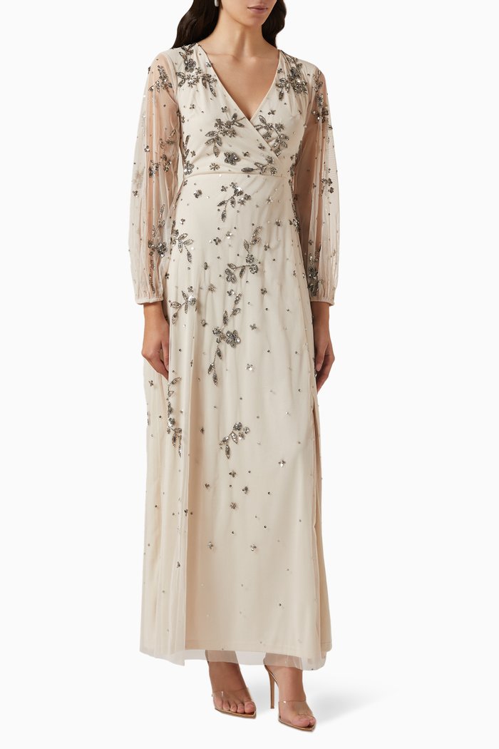 

Sequin Embellished Wrap Maxi Dress in Tulle, Neutral