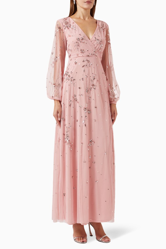 

Sequin Embellished Wrap Maxi Dress in Tulle, Pink