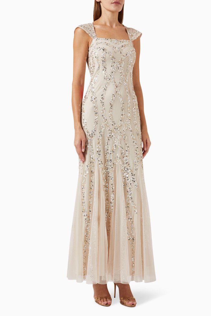 

Cap Sleeve Sequin-embellished Maxi Dress in Tulle, Neutral