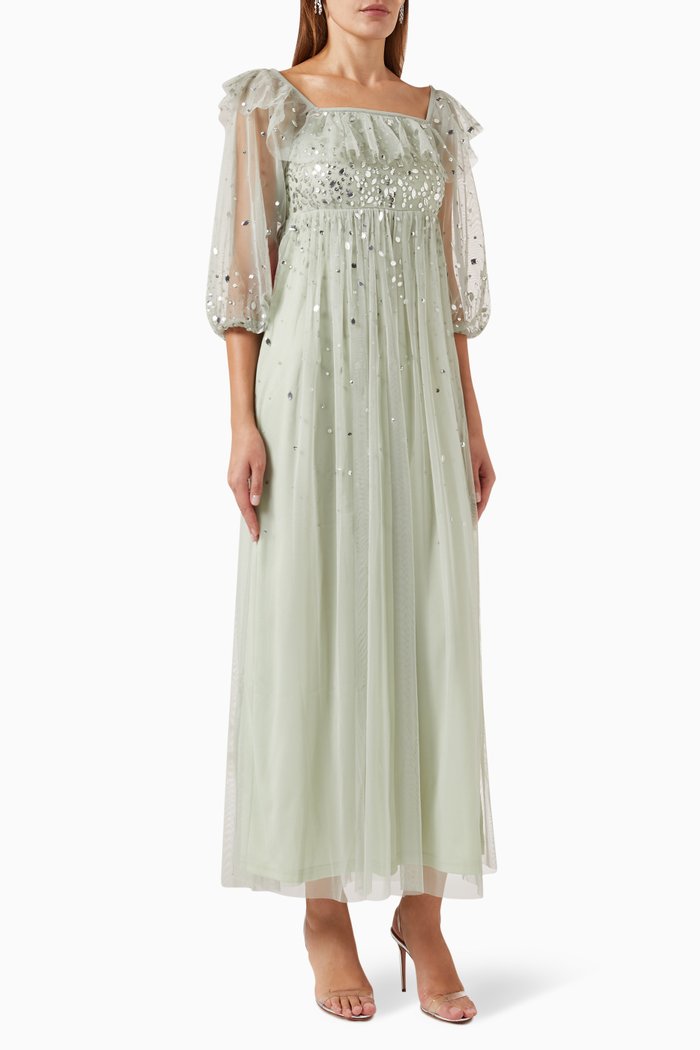 Crystal-embellished Empire Maxi Dress in Tulle, Green