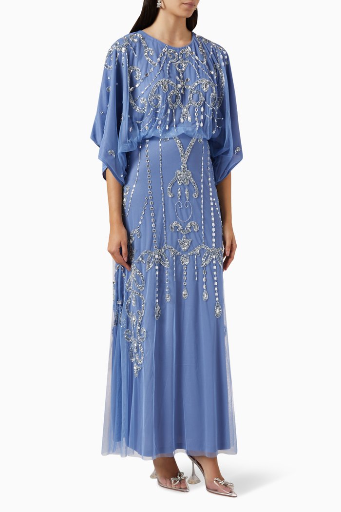 

Crystal Embellished Midi Dress in Tulle, Blue