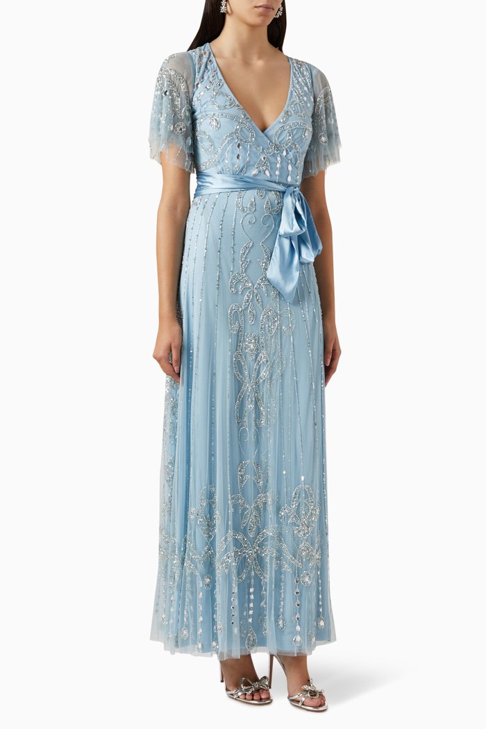 

Sequin-embellished Sash Maxi Dress in Tulle, Blue