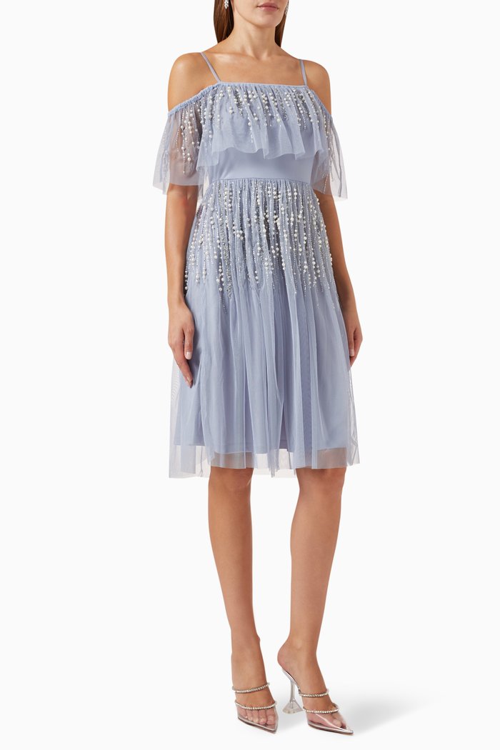 

Off-shoulder Trim Embellished Midi Dress in Tulle, Blue