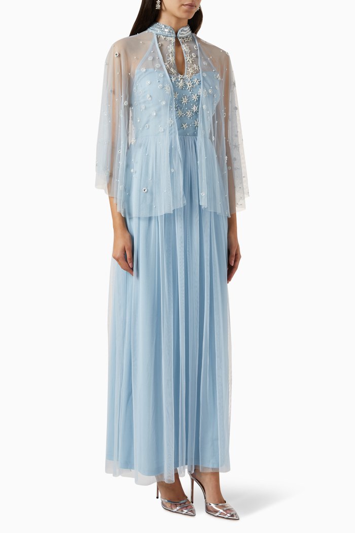 

Cape Pearl Embellished Maxi Dress in Tulle, Blue