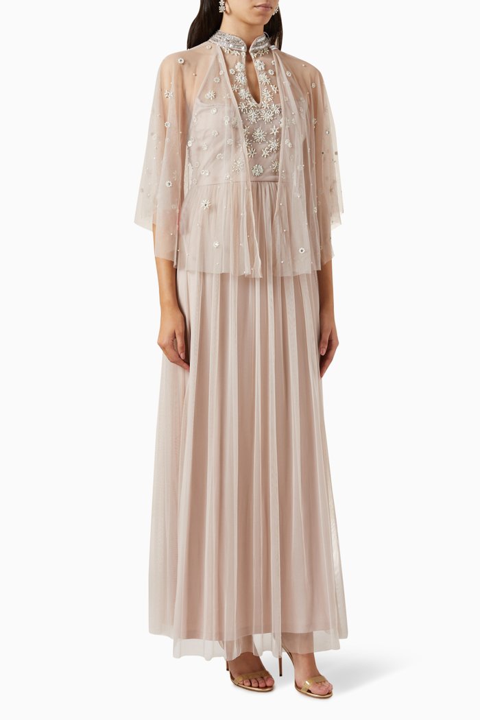 Cape Pearl Embellished Maxi Dress in Tulle, Grey