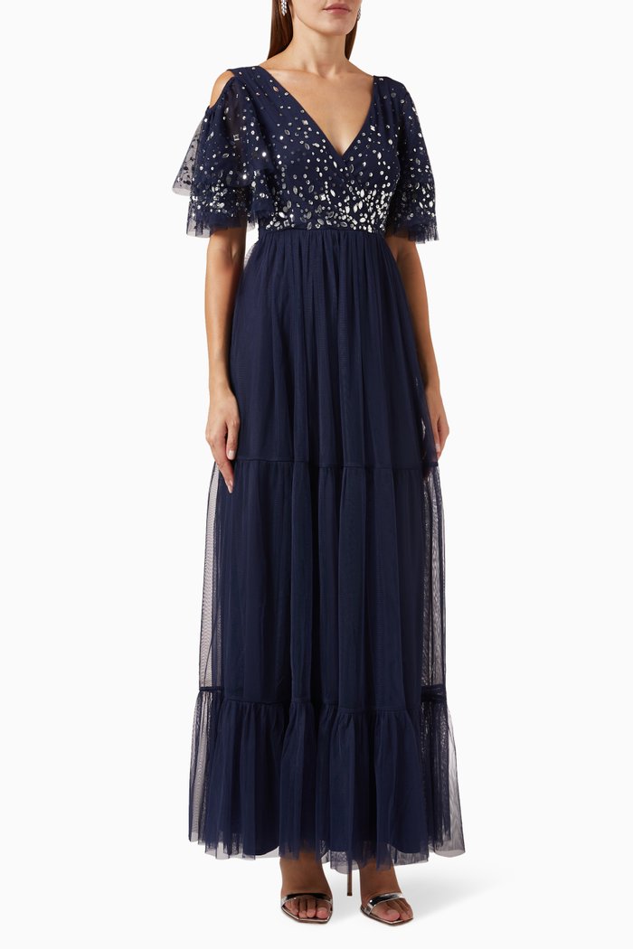 

Shoulder Cut-out Embellished Maxi Dress in Tulle, Blue