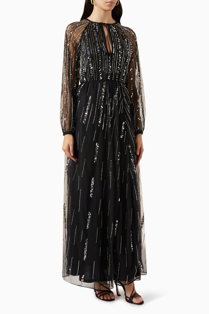 Sequin Embellished Linear Maxi Dress in Tulle, Black